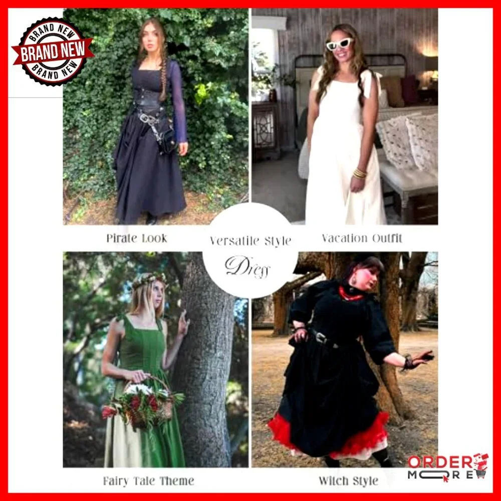 Renaissance Corset Dress Cottagecore Sundress Square Neck Flared A-Line - Picture 5 of 7